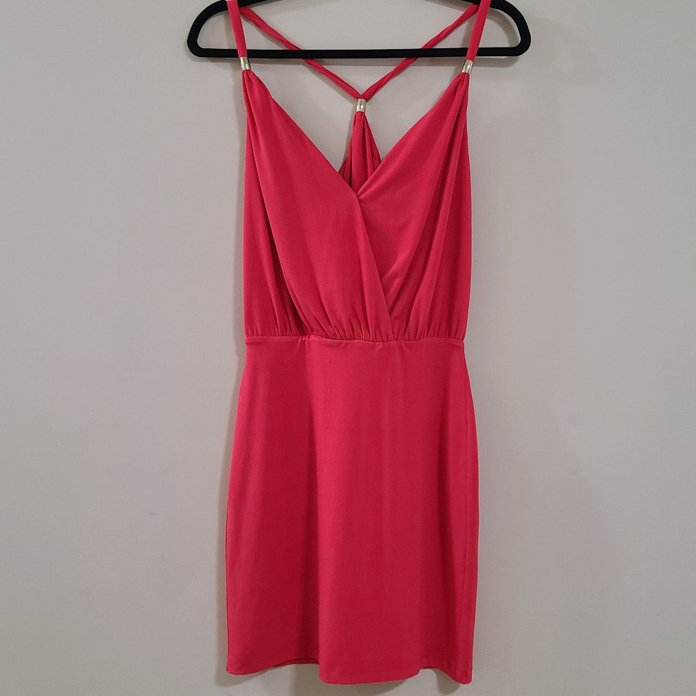 EUC MARCIANO Coral T-Back  Summer Mini Dress w/ Gold Accent Bands and V Neckline